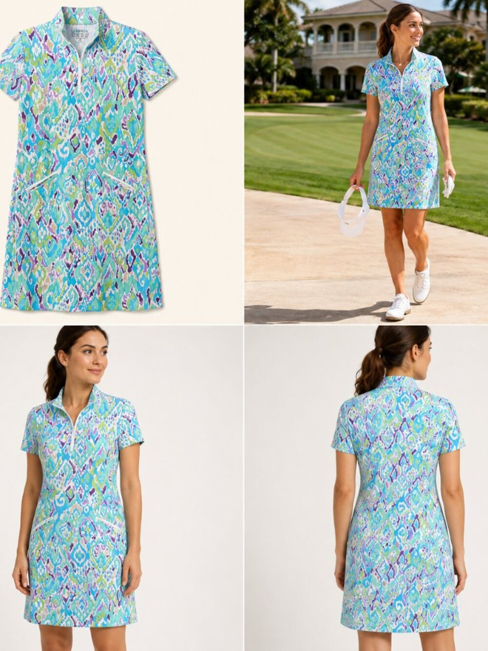 IBKUL Kathy Print UPF 50 Golf Travel Dress S Turquoise Quarter Zip Resort Sport